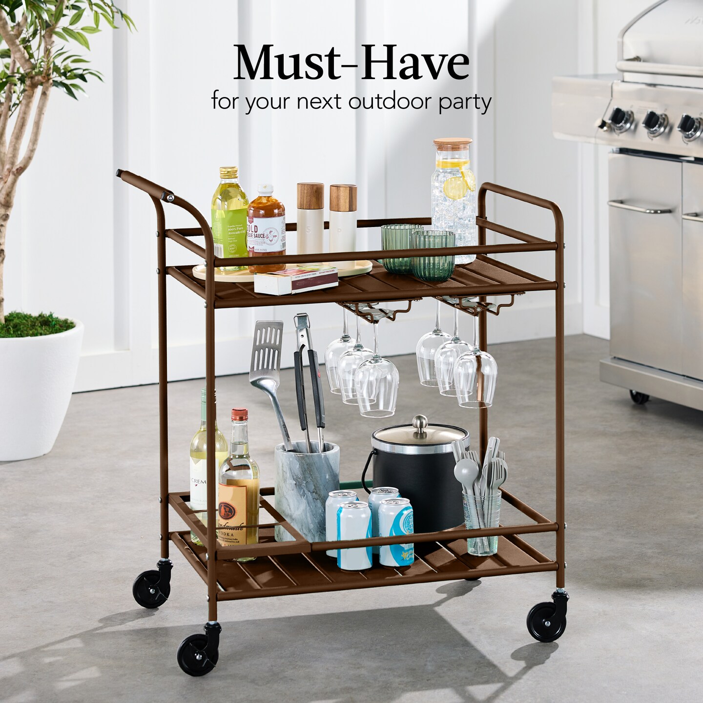 Best Choice Products 2-Tier Rolling Bar Cart Indoor/Outdoor w/ Storage Shelves, Wine Rack, Lockable Wheels