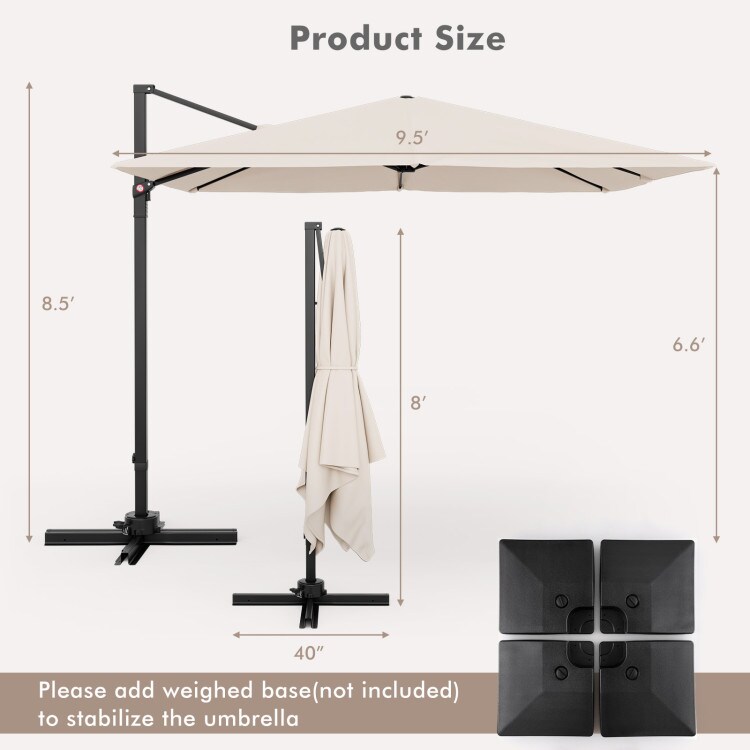 Aluminum 9.5 Feet Square Patio Cantilever Umbrella with 360&#xB0; Rotation &#x26; Tilt Adjustment