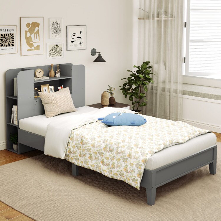 Wooden Twin Bed Frame with Bookcase Headboard Storage Shelves and Under-bed Space