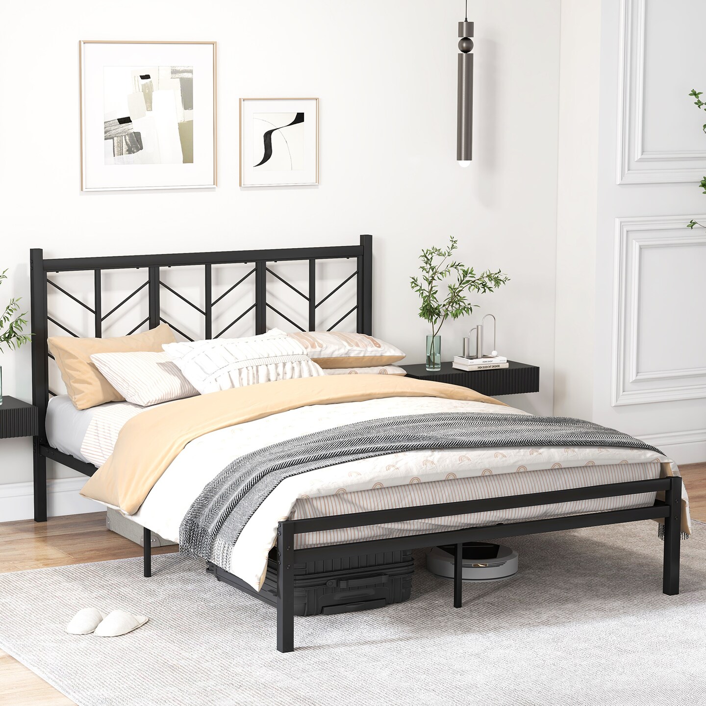 Black Platform Bed with Branches Shape Headboard Design and Metal Frame