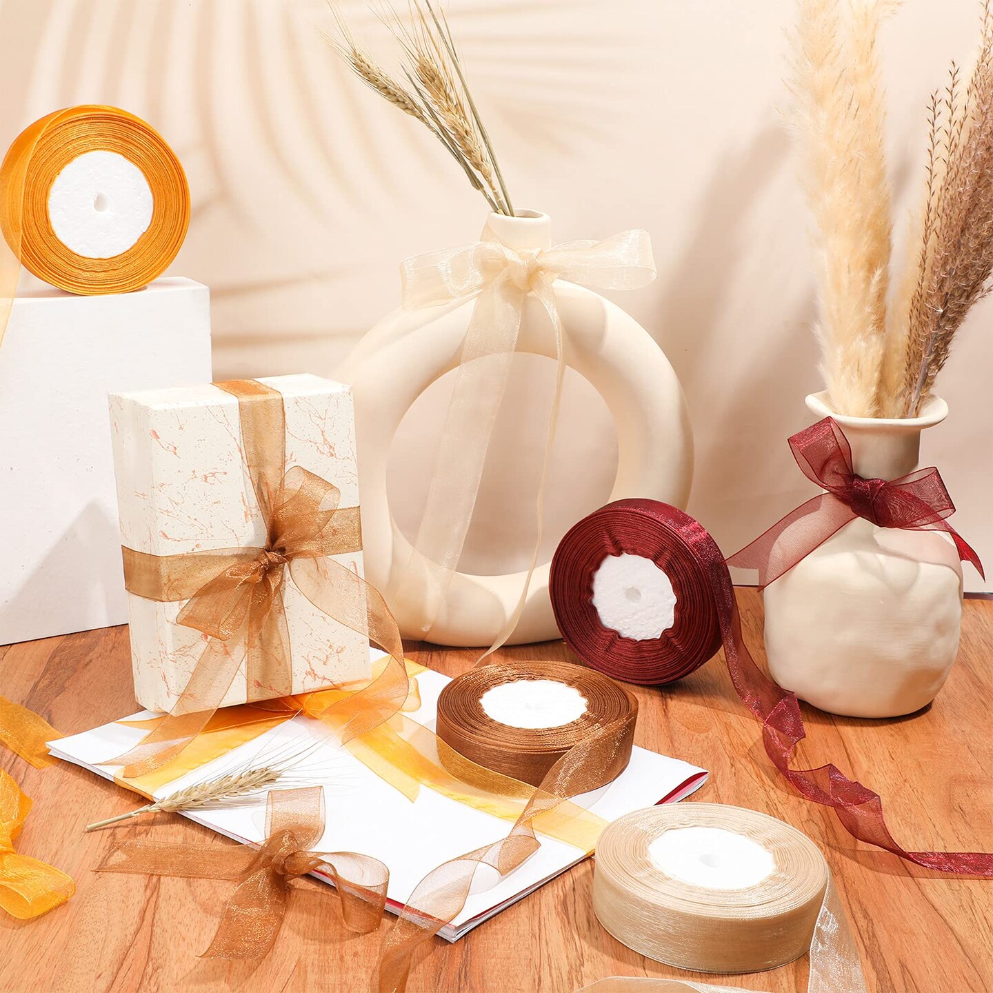 4 Rolls Fall Sheer Chiffon Ribbon 200 Yards Autumn Pure Color Fabric Polyester Wrapping Ribbon Transparent Organza Gift Wrapping for Thanksgiving Presents Party Decor(1&#x27;&#x27; Wide)