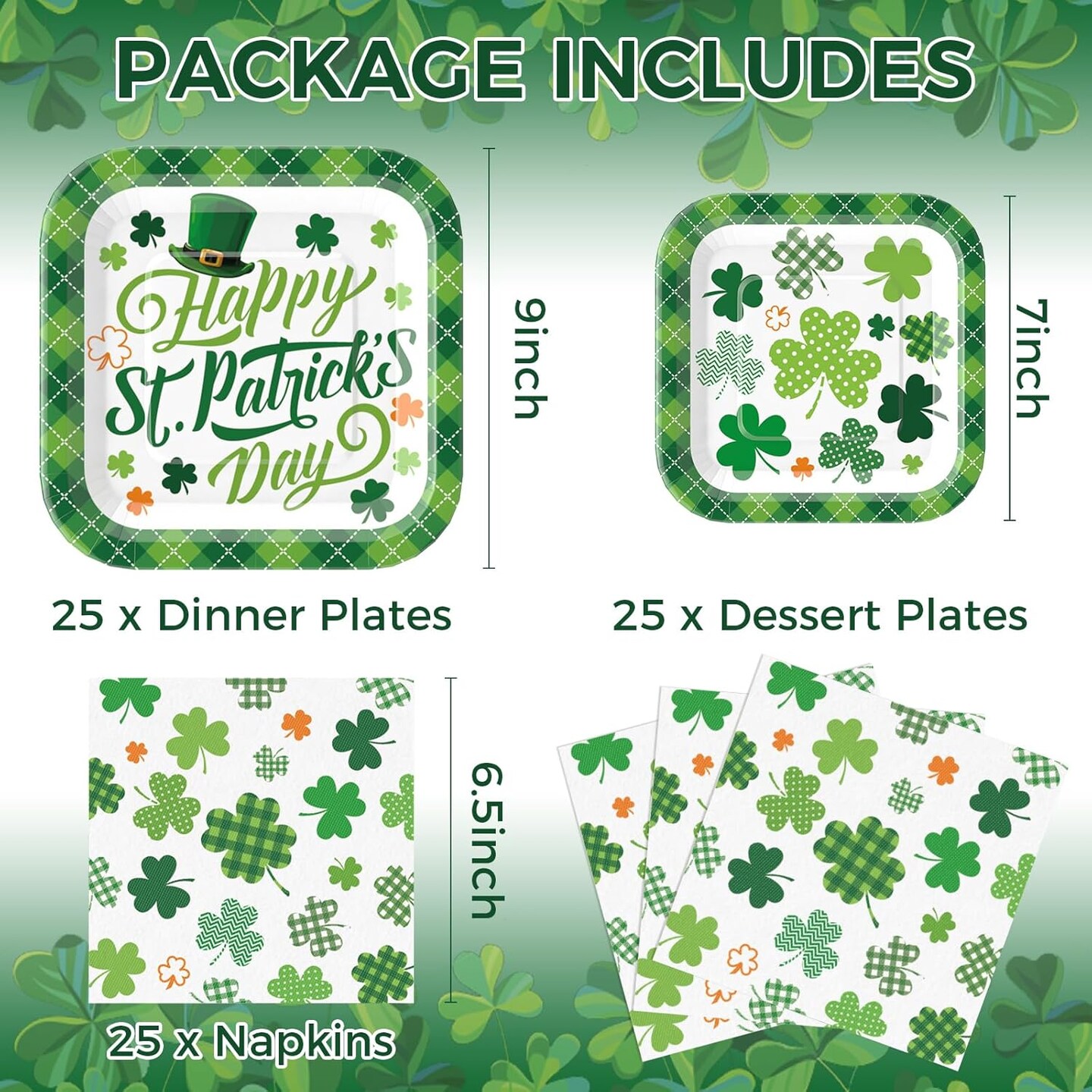 St Patricks Day Plates and Napkins Set 25 PCS 9&#x22; Square St Patricks Day Paper Plates and 25 PCS 7&#x22; St Patricks Dessert Plates for St Patricks Day Decorations