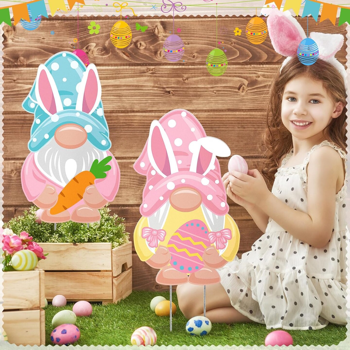 2 Pcs Easter Metal Decorations 16 Inch Yard Stakes Sign Metal Bunny Egg Gnome