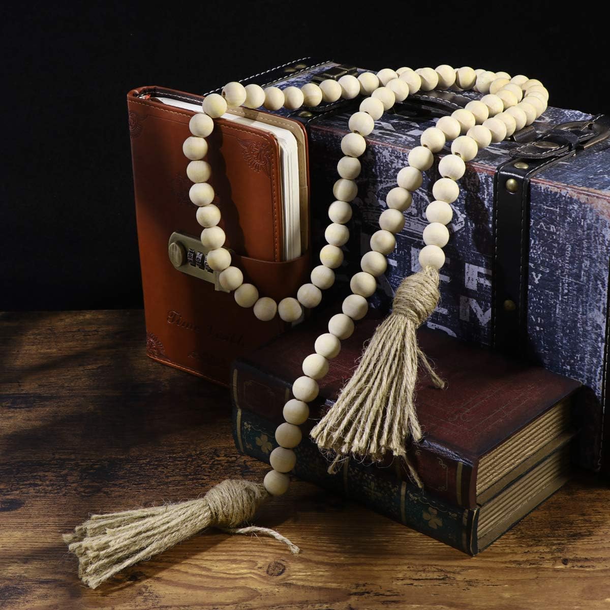 Wood Bead Garland Farmhouse Rustic Country Beads Holiday Decoration Wall Hanging Prayer Bead