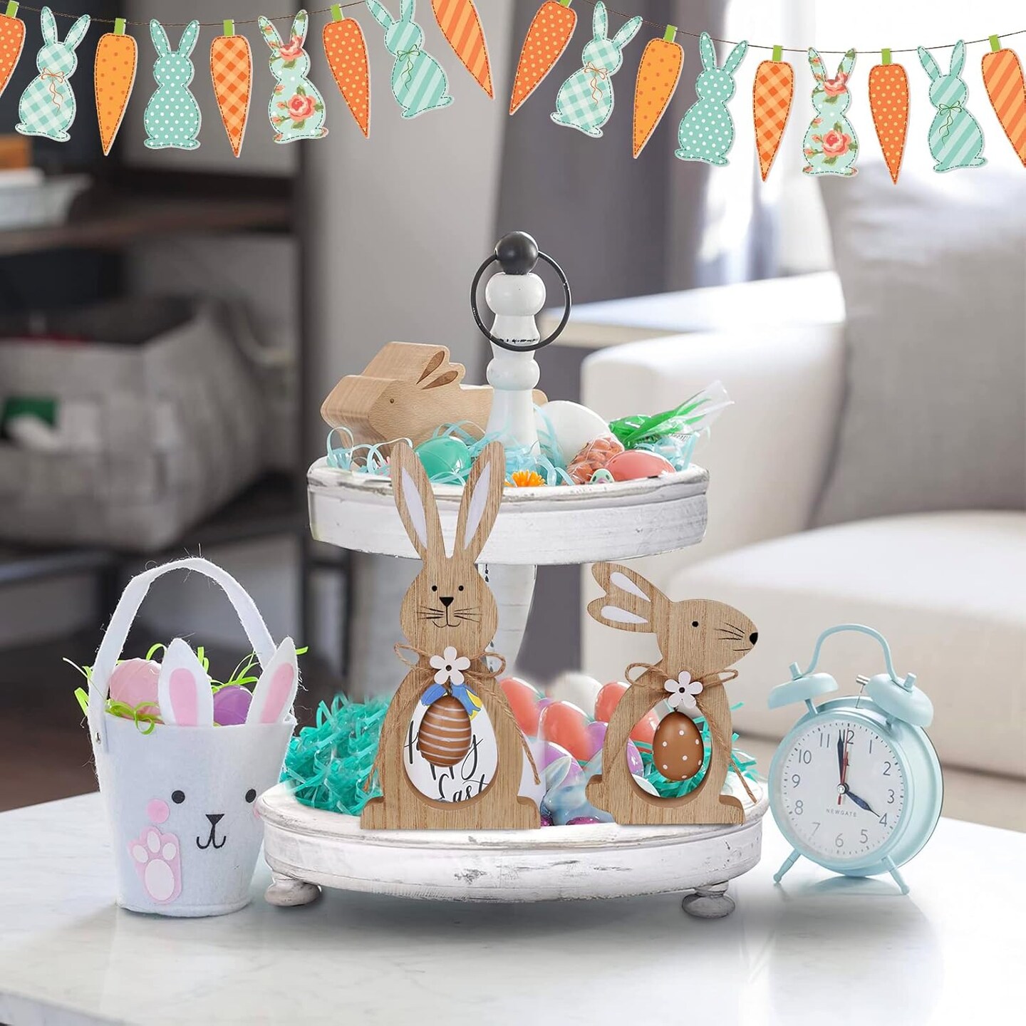 2Pcs Easter Decorations for the Home Farmhouse Rustic Wooden Bunny with Egg Easter