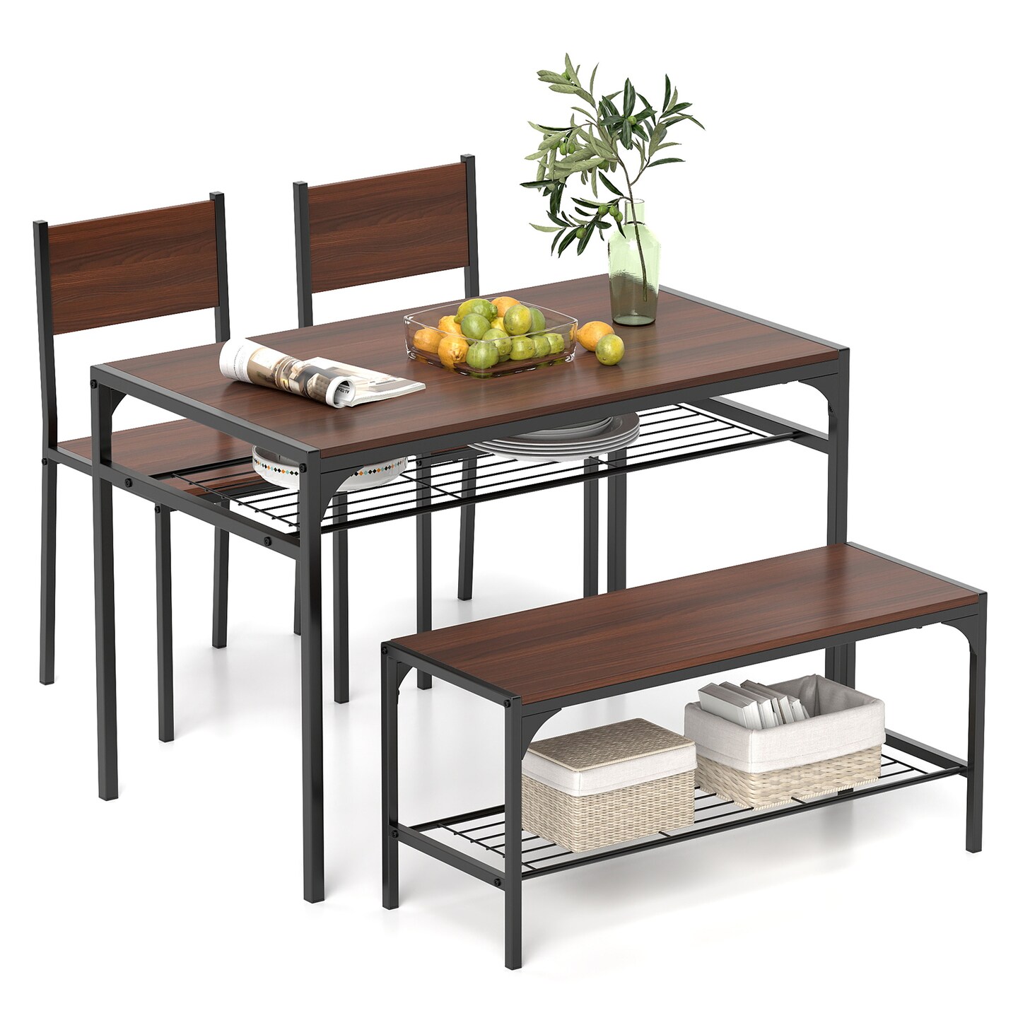 Wood Industrial Rectangular Dining Table with Bench and Metal Chairs