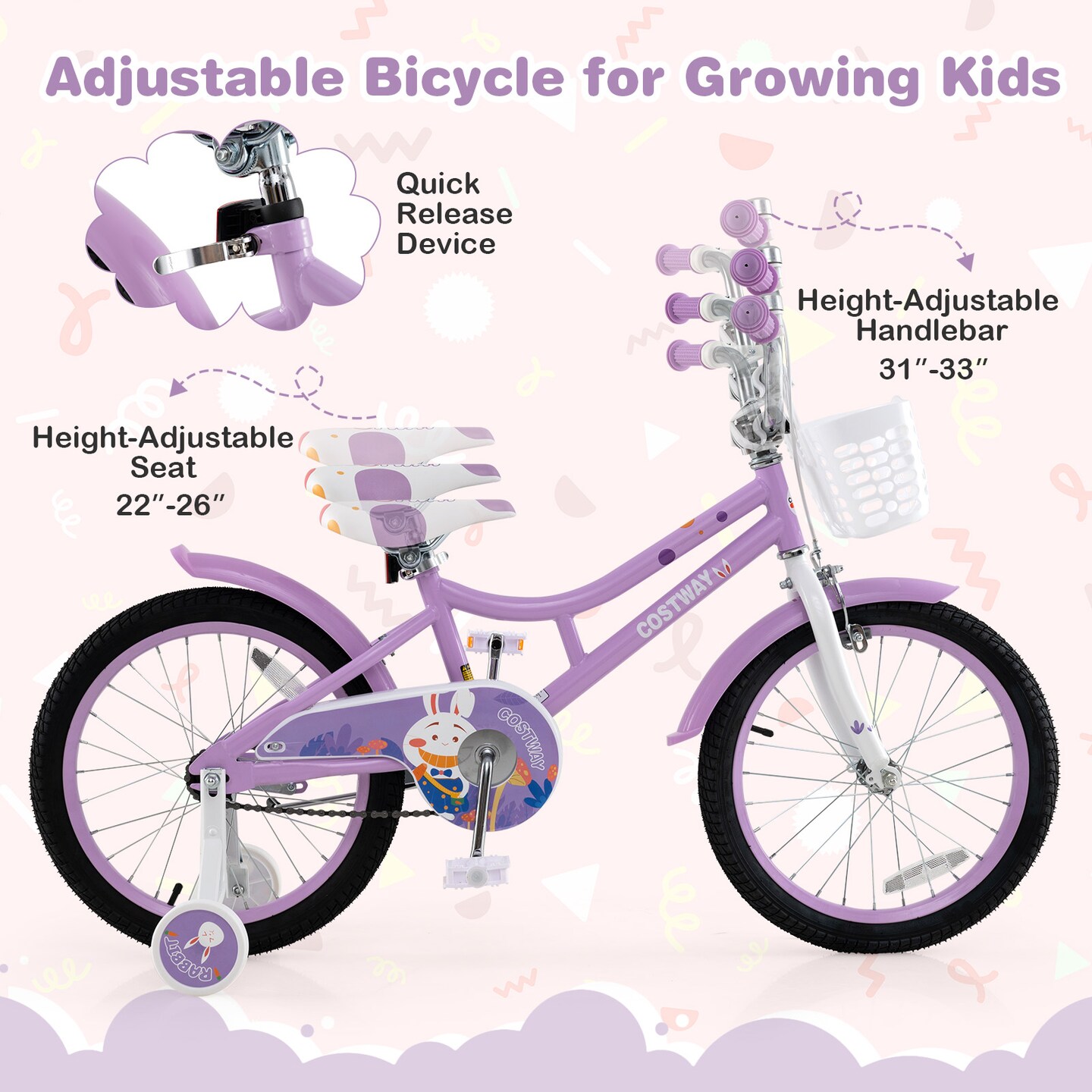18 Inch Pink Girl Bike with Basket, Detachable Training Wheels for Kids 4-8 Years Old