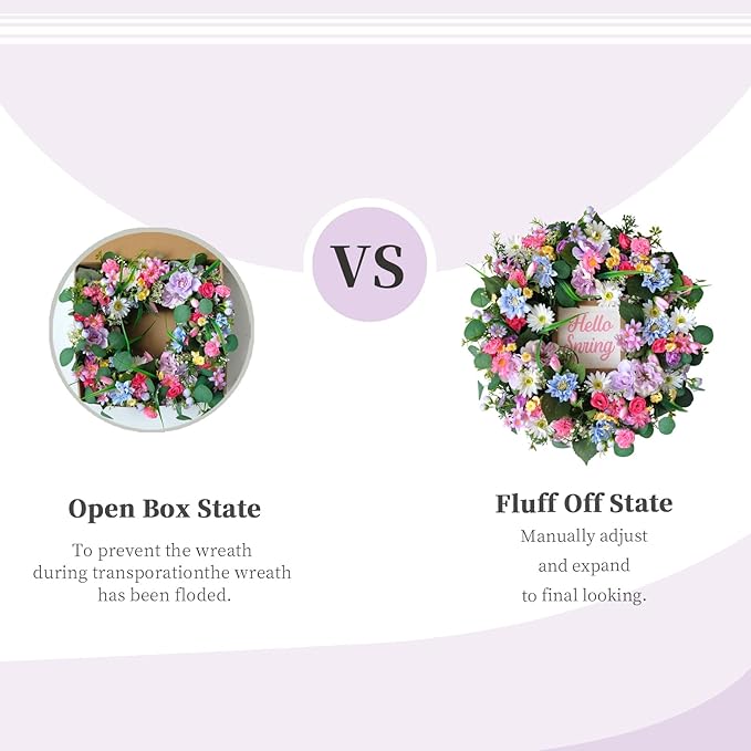 20" Spring/Summer Wreaths for Front Door, Artificial Floral Wreath with Daisies Carnations Wildflowers Eucalyptus Hello Spring Sign for Wall Window Farmhouse Party Holiday Home Décor