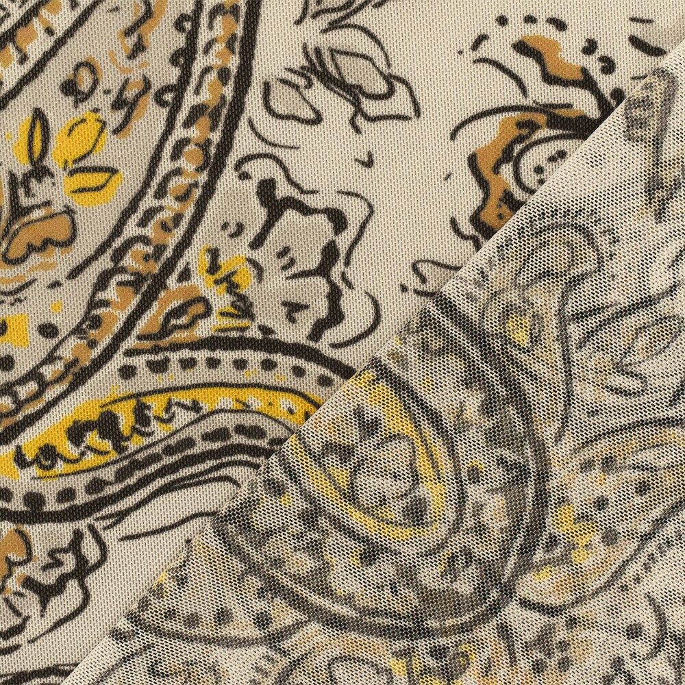 Yellow-Black-Beige Famous Designer Poly Stretch Paisley Printed Mesh Fabric By the Yard