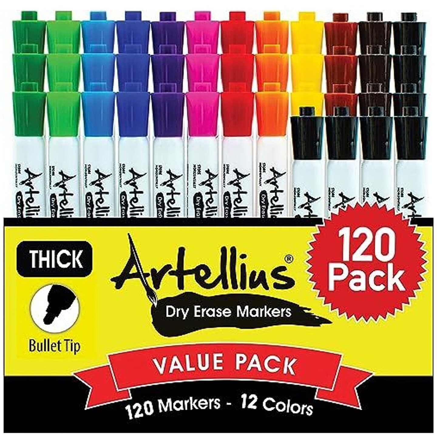 Artellius 120 Bulk Pack of Dry Erase Markers (12 ASSORTED COLORS W/ 21 EXTRA BLACK) - Thick Barrel - Perfect Pens For Writing on Whiteboards, Dry-Erase Boards, Mirrors, &#x26; All White Board Surfaces
