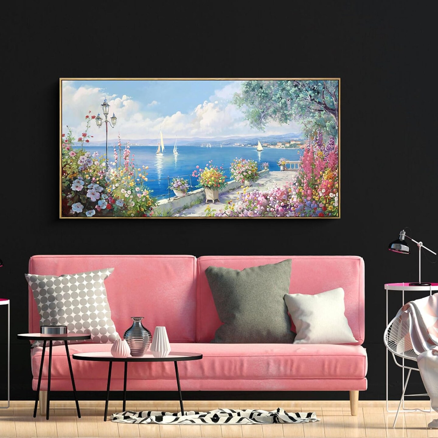 Blue Coastal Wall Art - Ocean Seascape Canvas Yellow Green Flowers Painting Landscape Sailboat Picture Artwork Modern Large Framed for Living Room Bedroom Home Office Decor 20&#x22;x40&#x22;