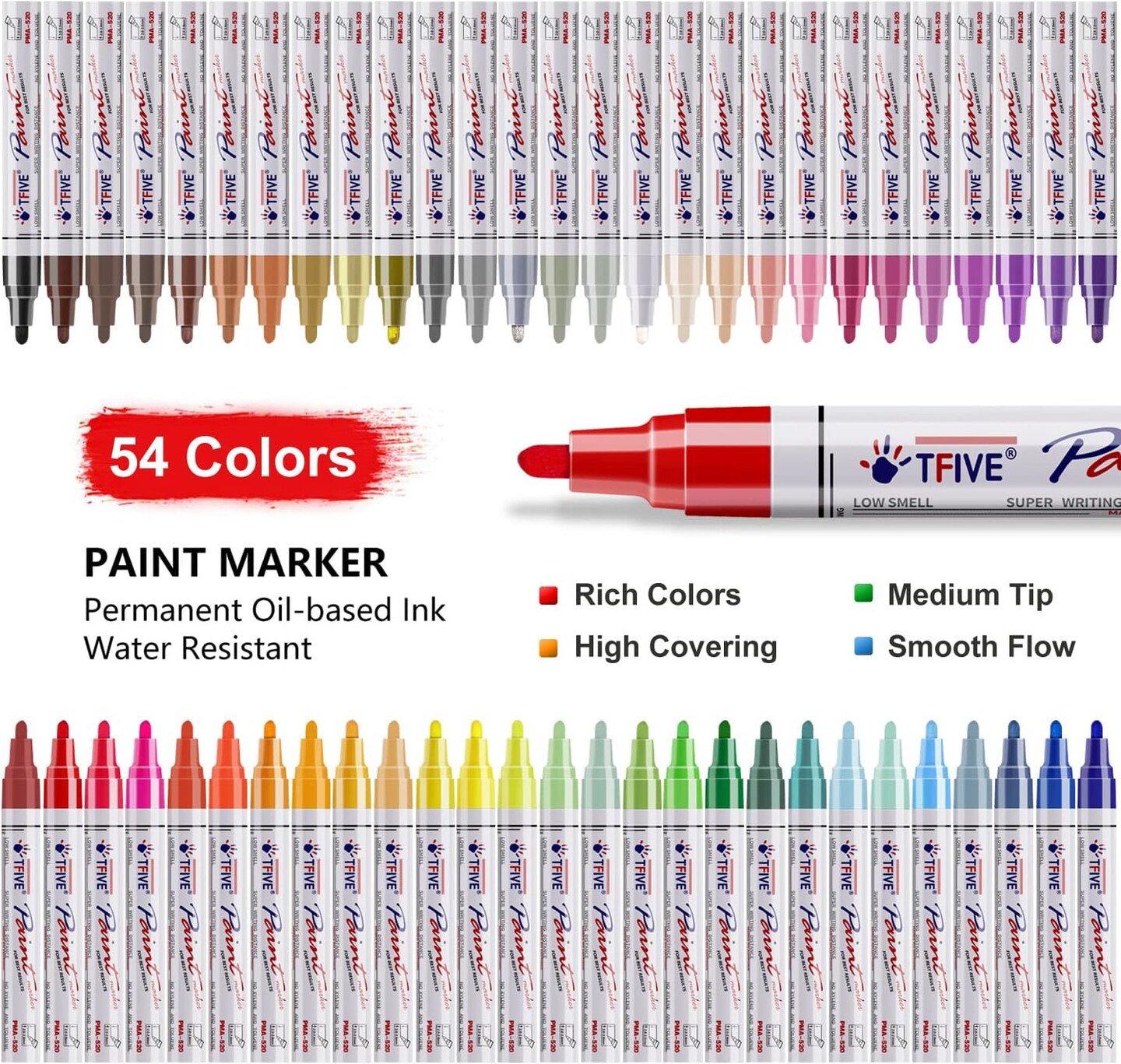 Paint Markers Pens - 54 Colors Medium Tip Markers, Permanent, Waterproof & Quick Dry, Paint Pen for Metal, Wood, Fabric, Plastic, Rock Painting, Mugs, Canvas, Glass, Art Craft