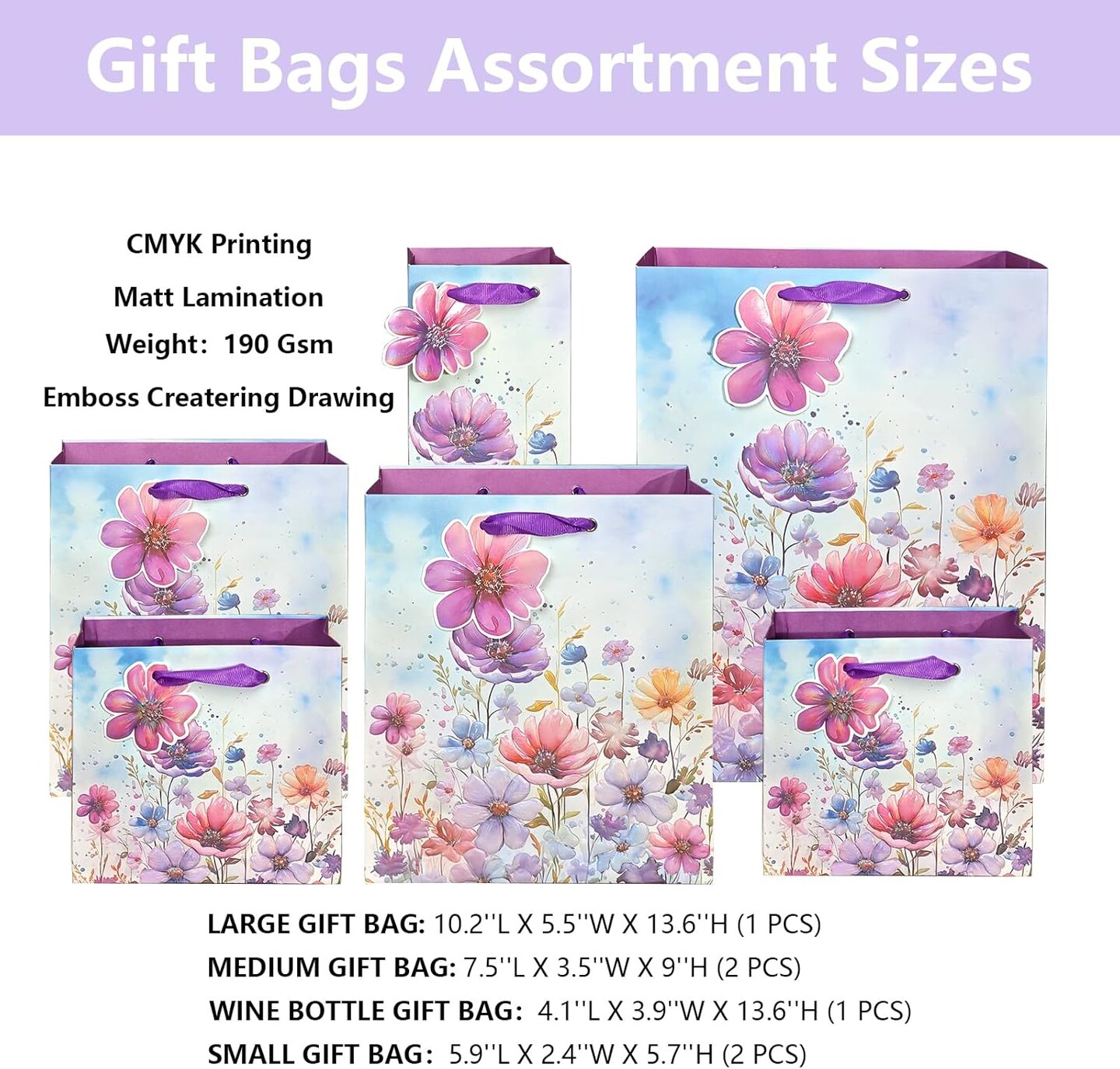 6 Pack Purple Flowers Pattern Embossed Paper Gift Bag with Handles, Assorted Paper Bags with 8 Pcs Tissue Paper for Girls/Women Baby Shower