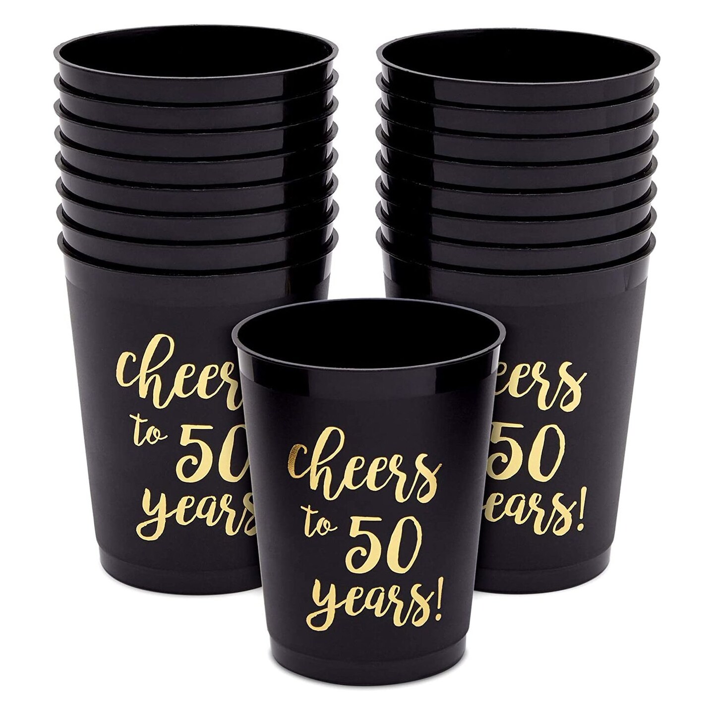 Sparkle and Bash 50th Birthday Cups - 16-Pack, 16 oz, Black & Gold, Cheers to 50 Years - Reusable Leak-Proof Plastic Party Cups for 50th Birthday & Anniversary Celebrations