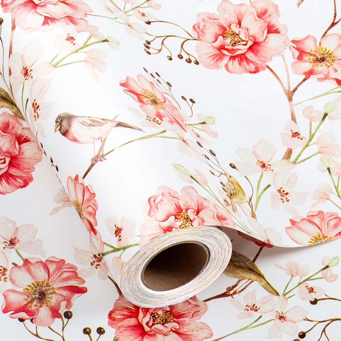 Gift Wrapping Paper Roll - Romantic Watercolor Pink Flower and Birds Design Gift Wrap Paper