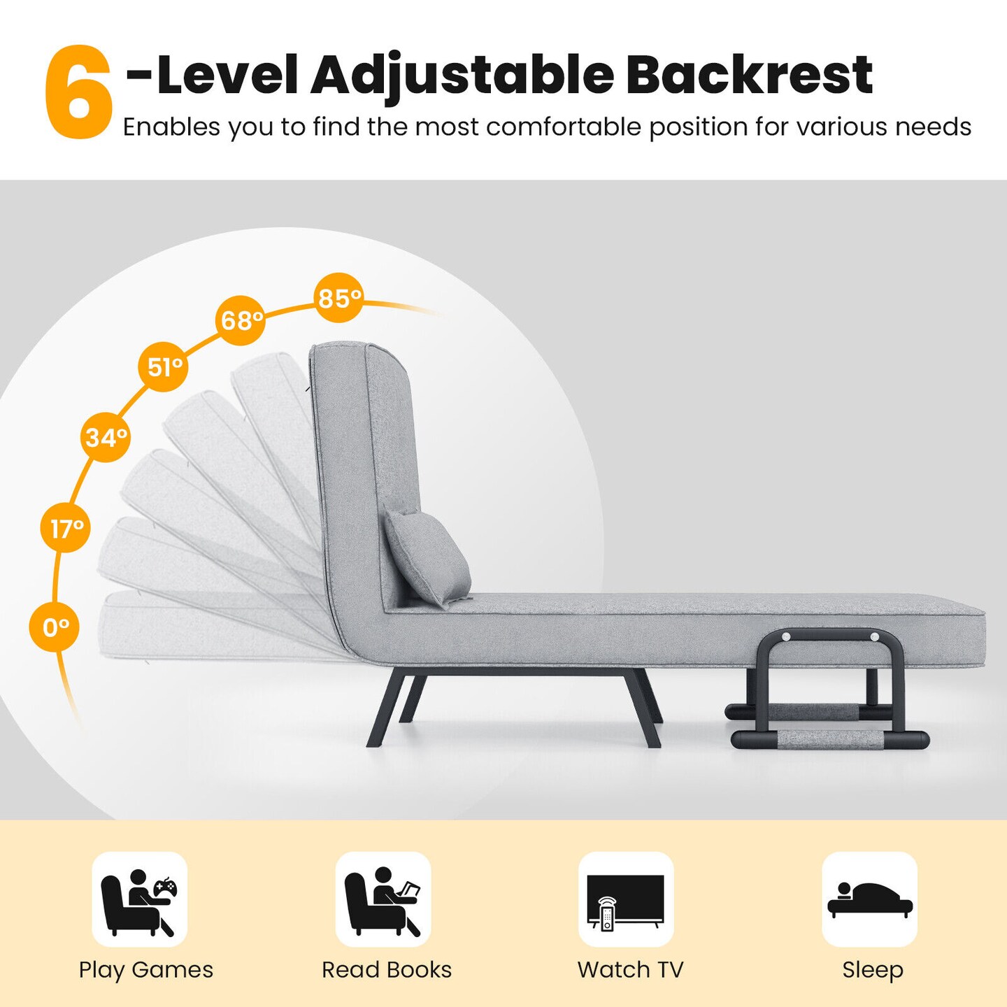 3-in-1 Versatile 6-Positon Adjustable Sleeper Bed with Padded Seat and Back
