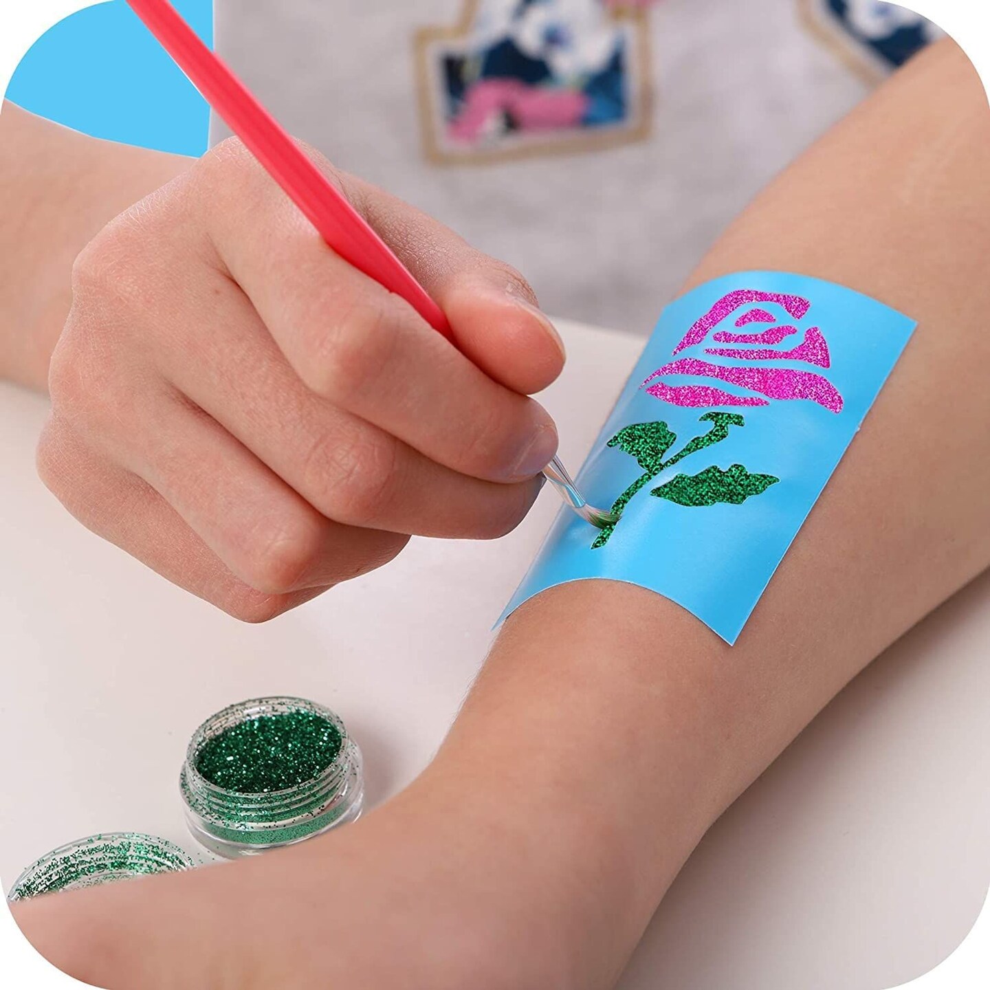 Original Stationery 33-Piece Glitter Tattoos Set, Face and Skin-Friendly with 24 Stencil Designs, 6 Colorful Cosmetic Glitters, 2 Brushes and Body Adhesive, Easter Sleepover Party Supplies for Girls
