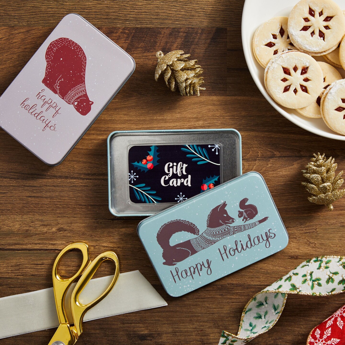 6 Pack Tin Christmas Gift Card Boxes With Lids for Stocking Stuffers, 6 Winter Animals Designs (5 x 3.25 In)