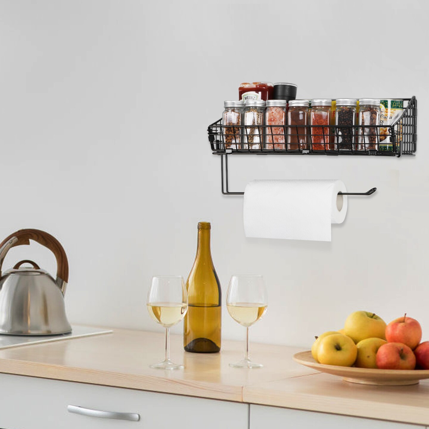 2PCS Black Multi-Functional Wall-Mounted Metal Basket Organizer with Foldable Paper Towel Holder – Space-Saving Storage Shelf for Kitchen, Bathroom, Bedroom & Hallway