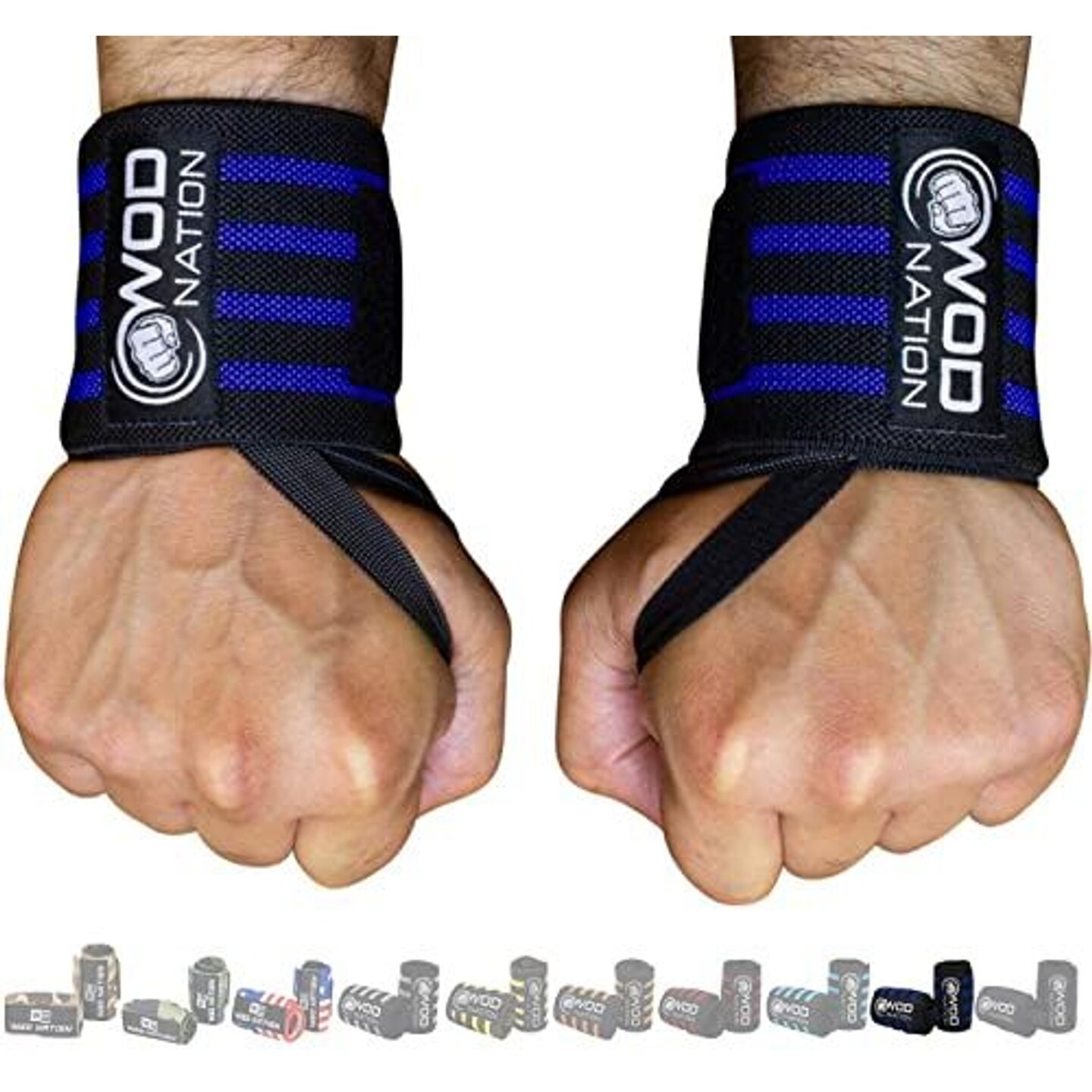 WOD Nation Wrist Wraps for Weightlifting, 12 Inch Professional Gym Wrist Straps w/Thumb Loop, Wrist Support Wraps for Men &#x26; Women for Strength Training, Powerlifting &#x26; Bodybuilding (Black/Dark Blue)