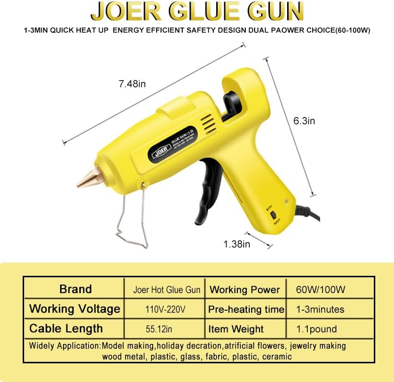 Heavy Duty Hot Glue Gun Kit, 60/100W Dual Power, Includes 14 Premium Glue Sticks (0.43&#x22; x 8&#x22;) - 7 White / 7 Clear, Ideal for Crafts, DIY, Christmas Decorations, Yellow