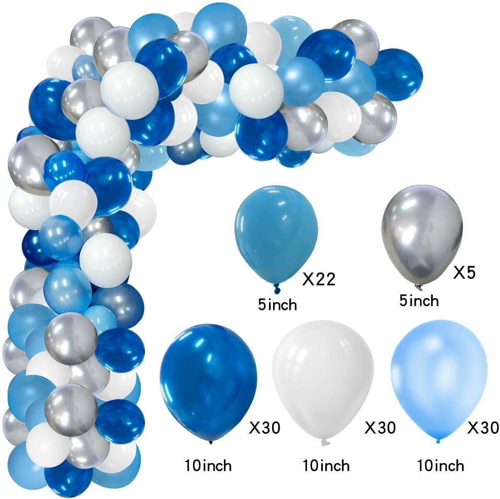 16ft Blue White and Silver Balloon Garland Arch Kit with 117 Balloons - Easy Assembly Party Decor for Birthdays, Weddings, Baby Showers- Includes Arch Strip &#x26; Dot Glue