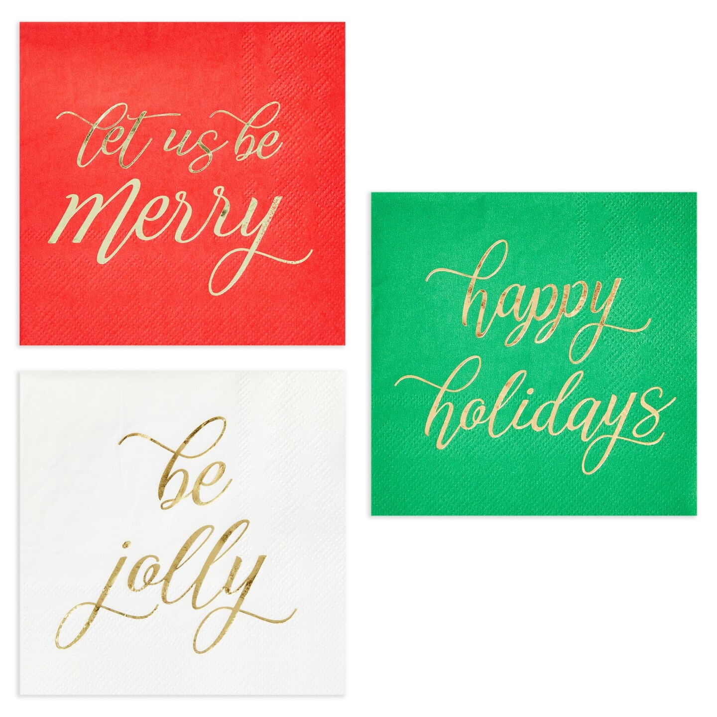 102-Pack Christmas Napkins, 3-Ply Disposable Paper Tableware for Holiday Party Supplies, Beverages, Cocktails, Table Decorations, Gold Foil Design, 3 Colors (5x5 In)