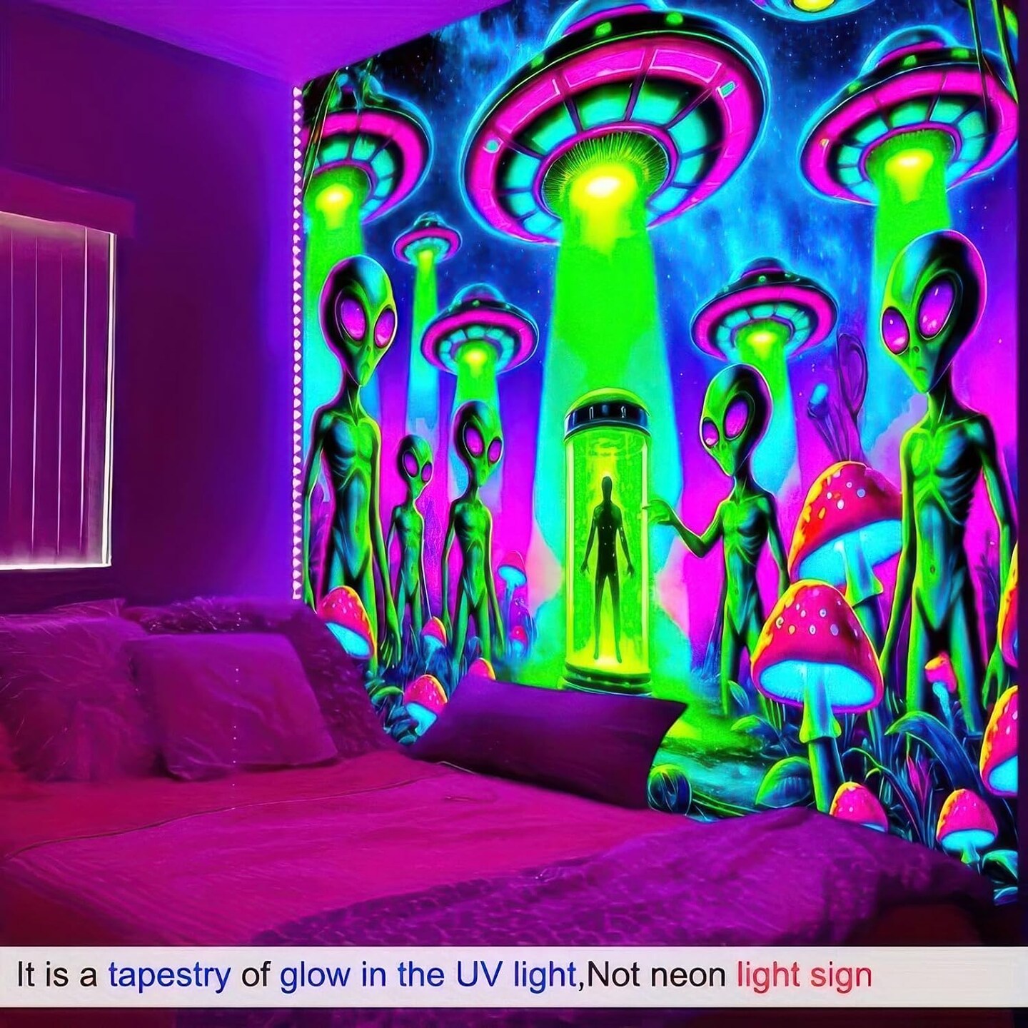 Alien Blacklight Tapestry UFO Black Light Hanging Backdrop Glow in The Dark Poster Wall UV Tapestry