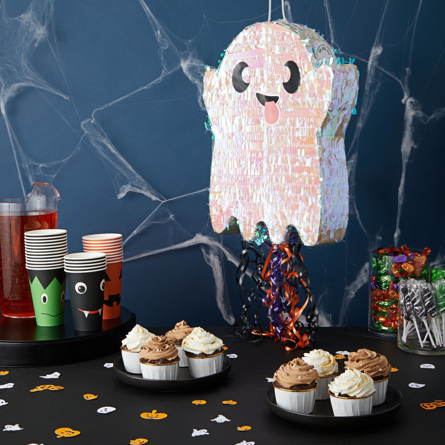 Cute Ghost Pinata for Halloween Party Supplies Decorations, Iridescent Pull String (17 x 13 x 3 in)