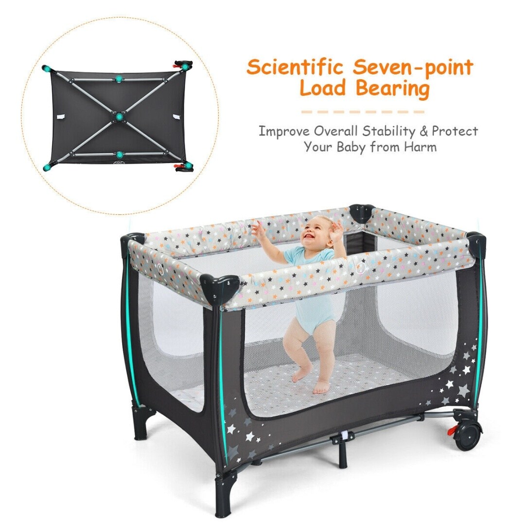 Foldable and Portable Baby Playpen with Mattress and Two Universal Wheels