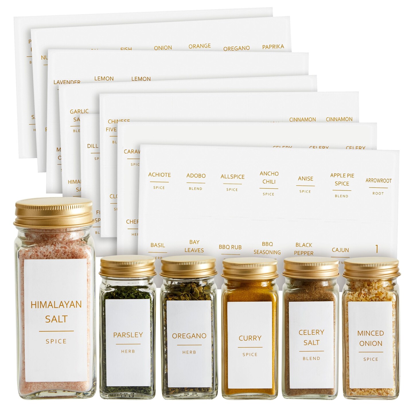 Talented Kitchen 140 Pack of Minimalist Spice Jar Labels, Preprinted, Water Resistant Stickers (Gold Text)