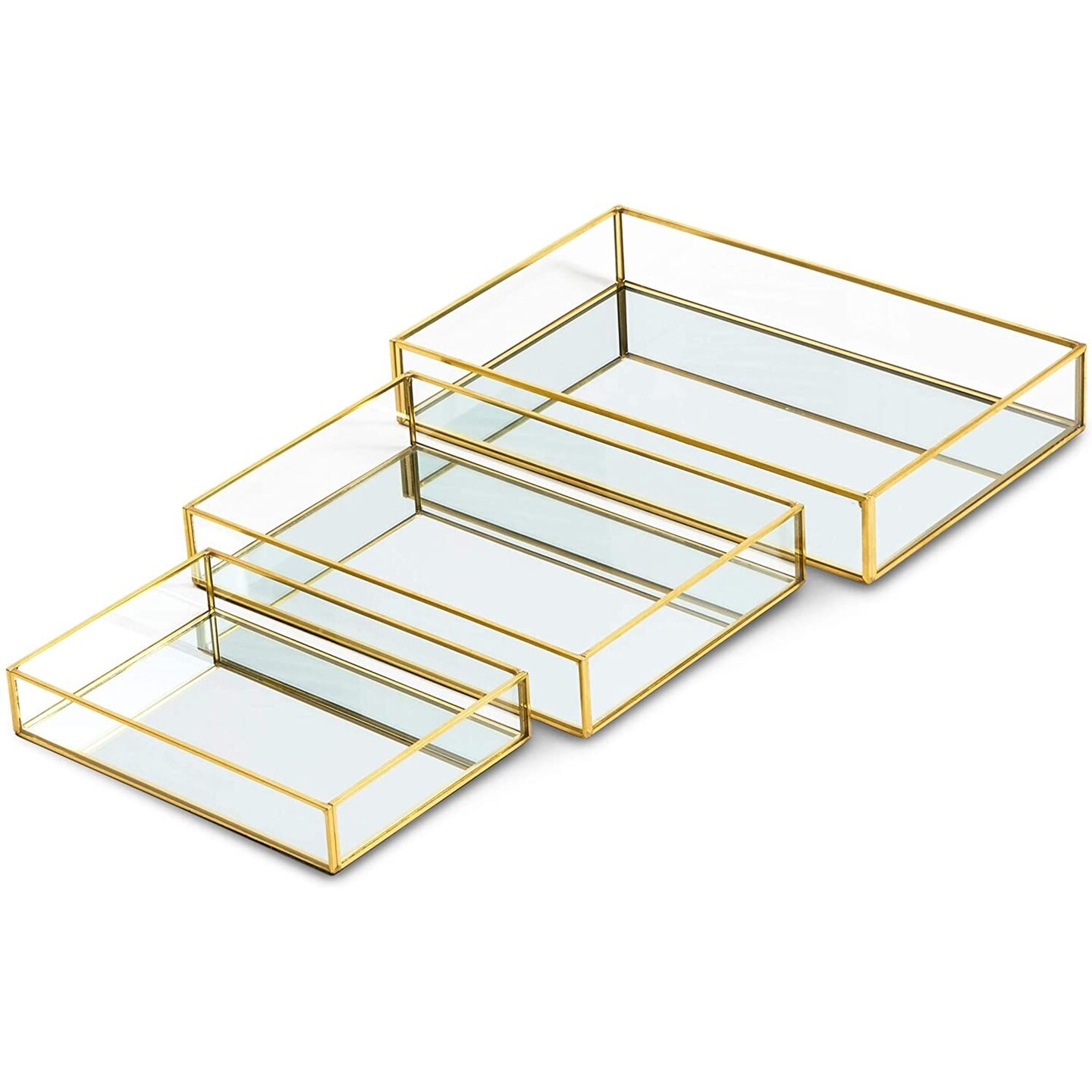 Set of 3 Gold Mirror Vanity Tray for Perfume, Makeup Display, Decorative Rectangle Glass Jewelry Organizer for Bathroom, Dresser (3 Sizes)