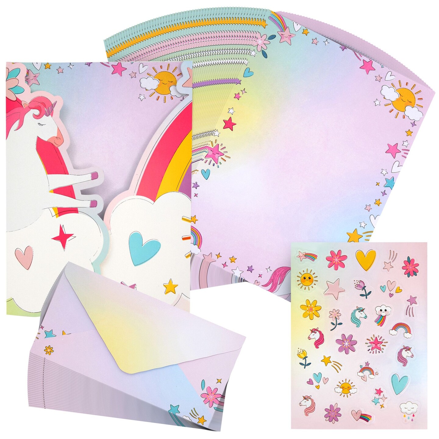92 Piece Unicorn Stationery Set for Kids, Girls, with 60 Stationery Sheets, 30 Envelopes, Pocket Folder, Sticker Sheet (7.25 x 10.2 In)
