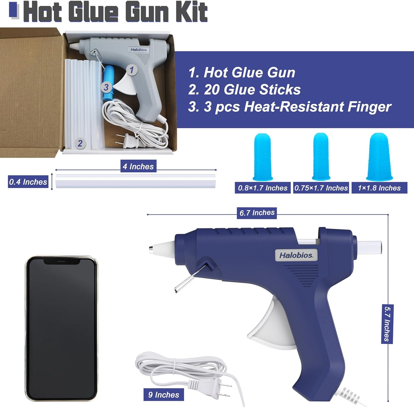 Hot Glue Gun with 20 Glue Sticks, Halobios Fast Preheating Glue Gun Hot Melt Glue Gun and Stick Set, Hot Glue Gun Full Size for Making Decoration School DIY Crafts Projects Home Repairs (40W Blue)