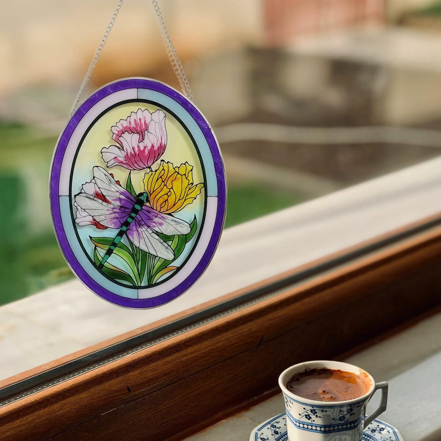Summer Stained Glass Window Hanging Dragonfly Suncatchers 10 Inch Glass Panel Sun Catchers Indoor Window Wall Art, Stained Glass Dragonfly Light Catchers for Windows Handmade Glass Art Gift