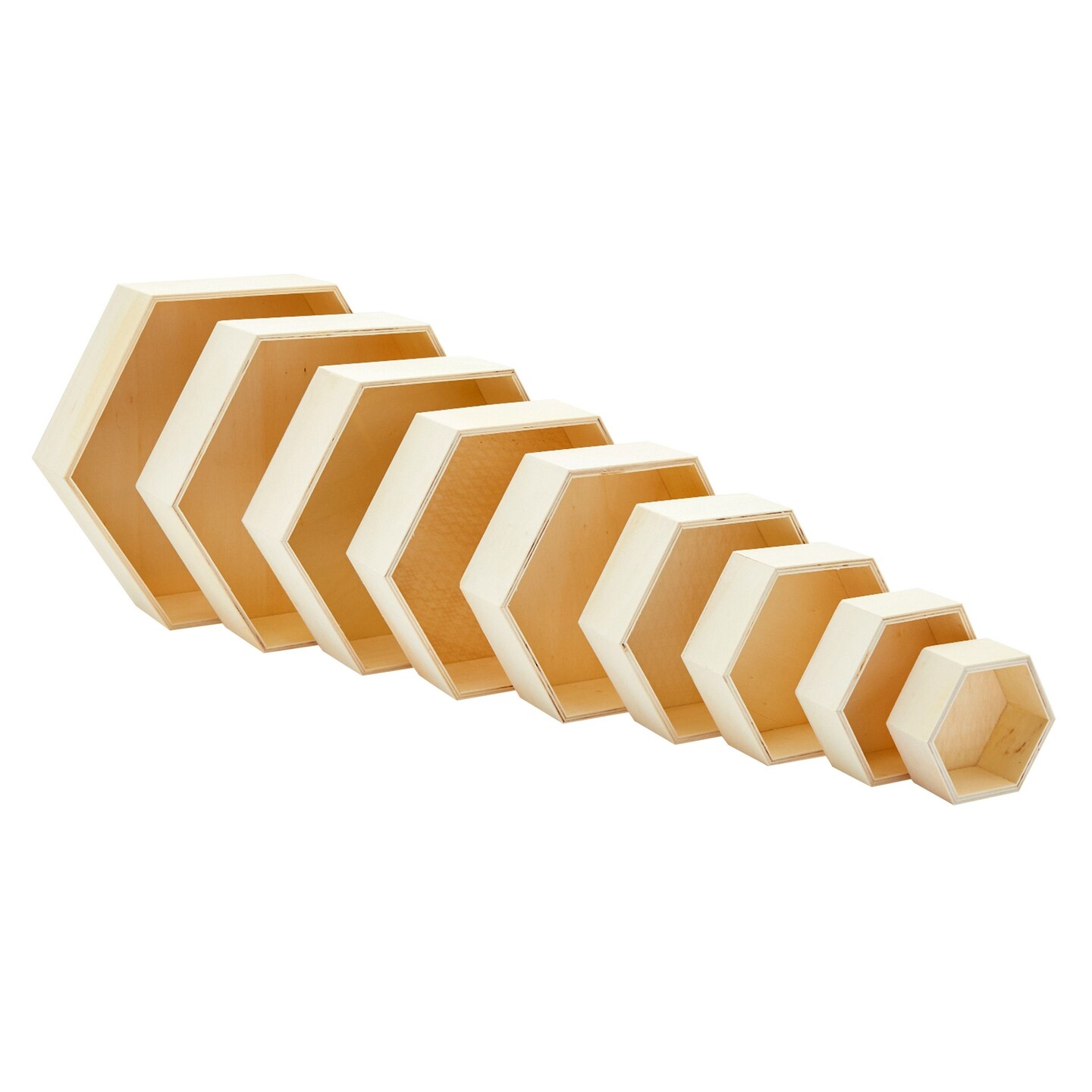 Set of 9 Unfinished Wooden Floating Hexagon Shelves for Wall (9 Sizes)