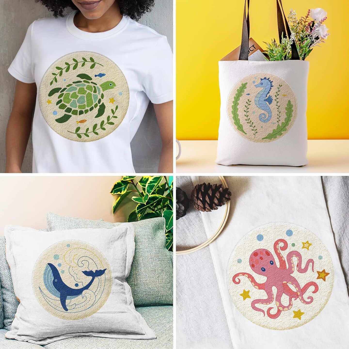 4 Sets Embroidery Kit for Beginners with Sea Animals Pattern DIY Embroidery Kit