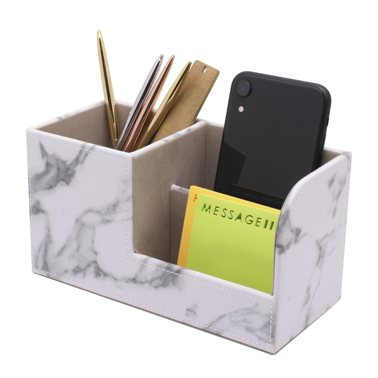 White Marble Faux Leather Desk Organizer, Pen Holder for Office Desktop Organization and Storage, 7.95 x 3.62 x 4.33 in