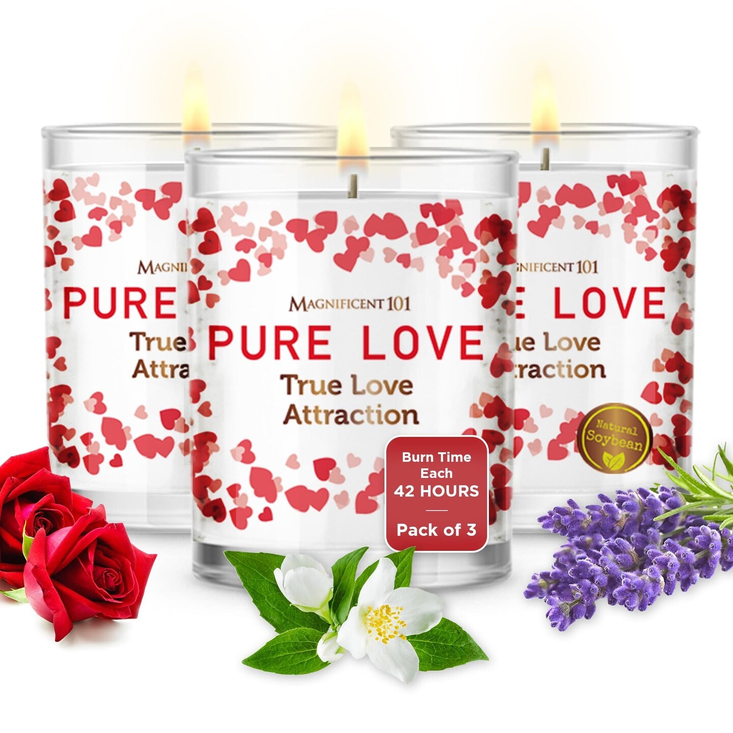 Magnificent 101 Set of 3 Long-Lasting Pure Love Smudge Candles | 3.5 Oz Each - 42 Hour Burn | Made of Soy Wax with Florals &#x26; Essential Oils for True Love Attraction &#x26; Manifestation