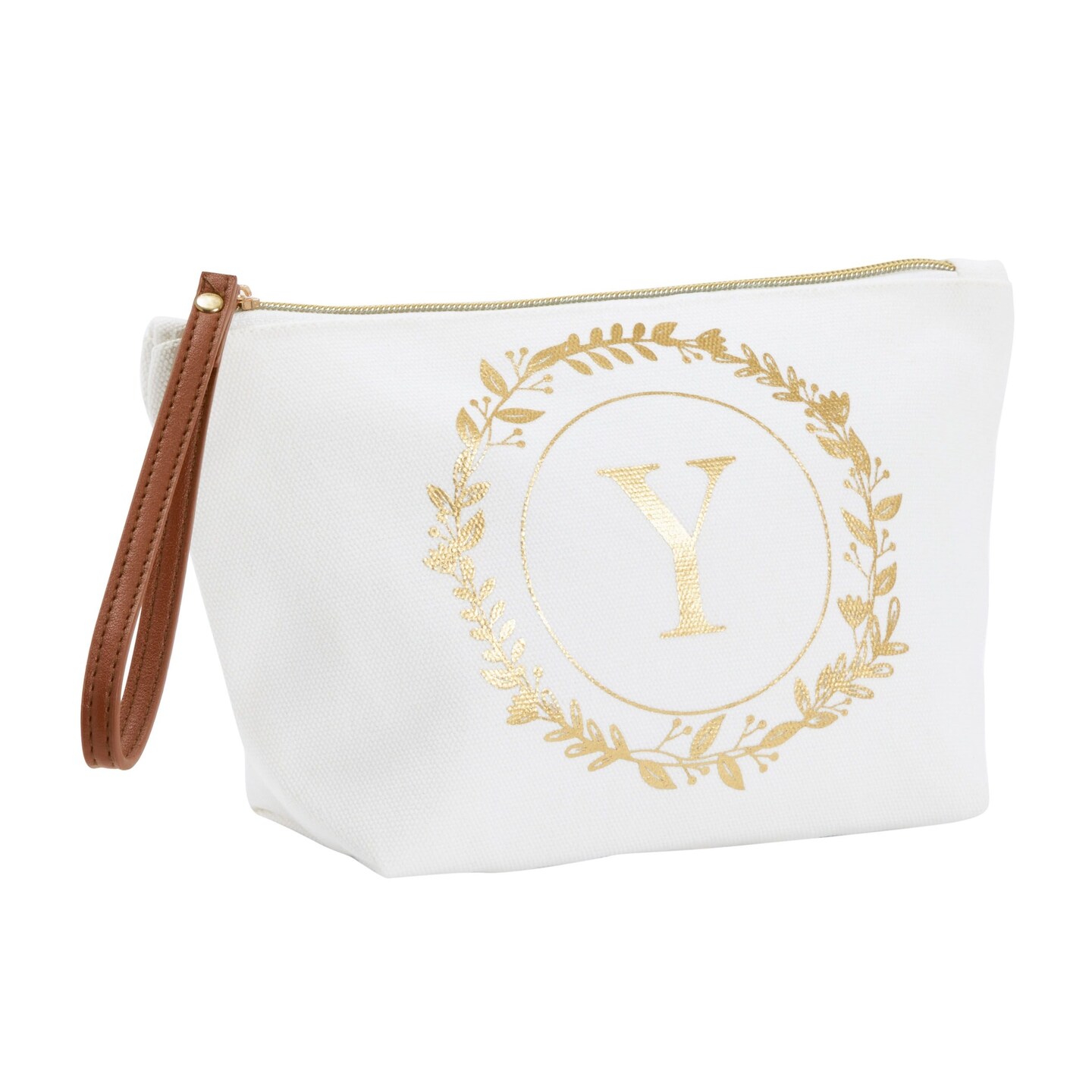 Gold Initial Y Personalized Makeup Bag for Women, Monogrammed Canvas Cosmetic Pouch (White, 10 x 3 x 6 In)