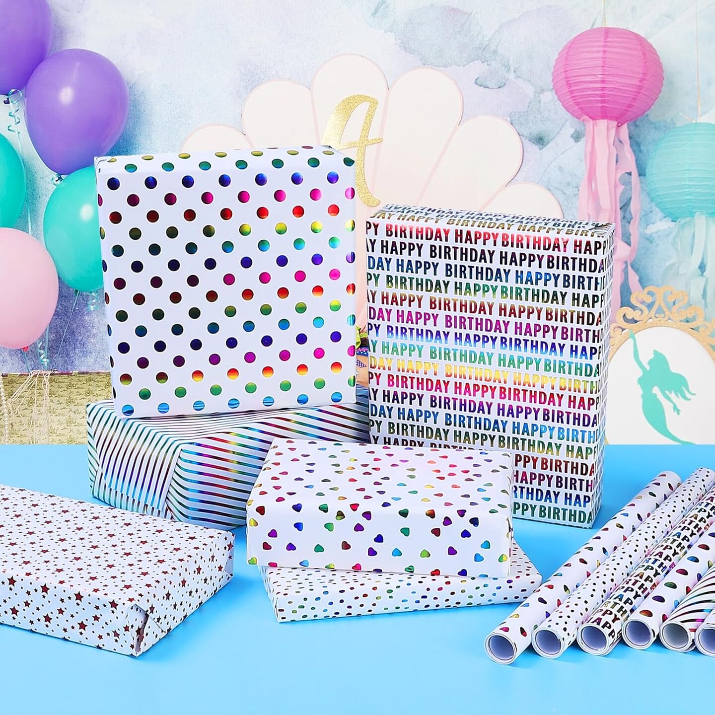 Birthday & Party Wrapping Paper – 6 Mini Rolls, 17” x 120” Each, Iridescent Gold Foil Designs with 6 Mini Bows for Birthdays, Christmas & Celebrations (Color bronzing)