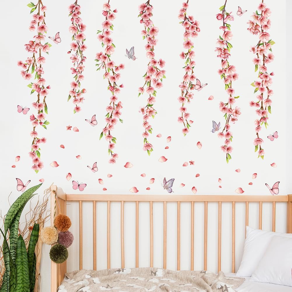 Pink Hanging Flower Vines Wall Decals Floral Leaves Butterfly Wall Stickers Spring Cherry Blossom Wall Stickers for Home Kids Girls Nursery Bedroom