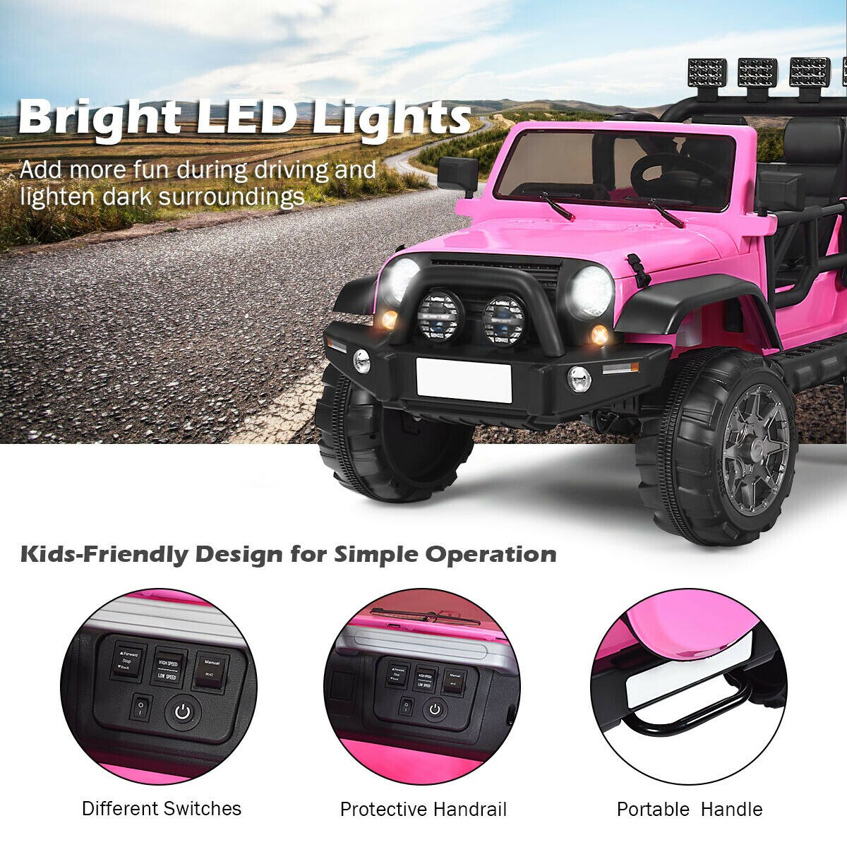 2-Seat Ride-On Car Truck with Remote Control, LED Lights, Music and Safety Features