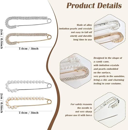 Women Pins Brooch Sweater Clips Shawl Clips Pearl Brooches Faux Crystal Safety Pins Dress Shirt Clips for Women 4 Pieces