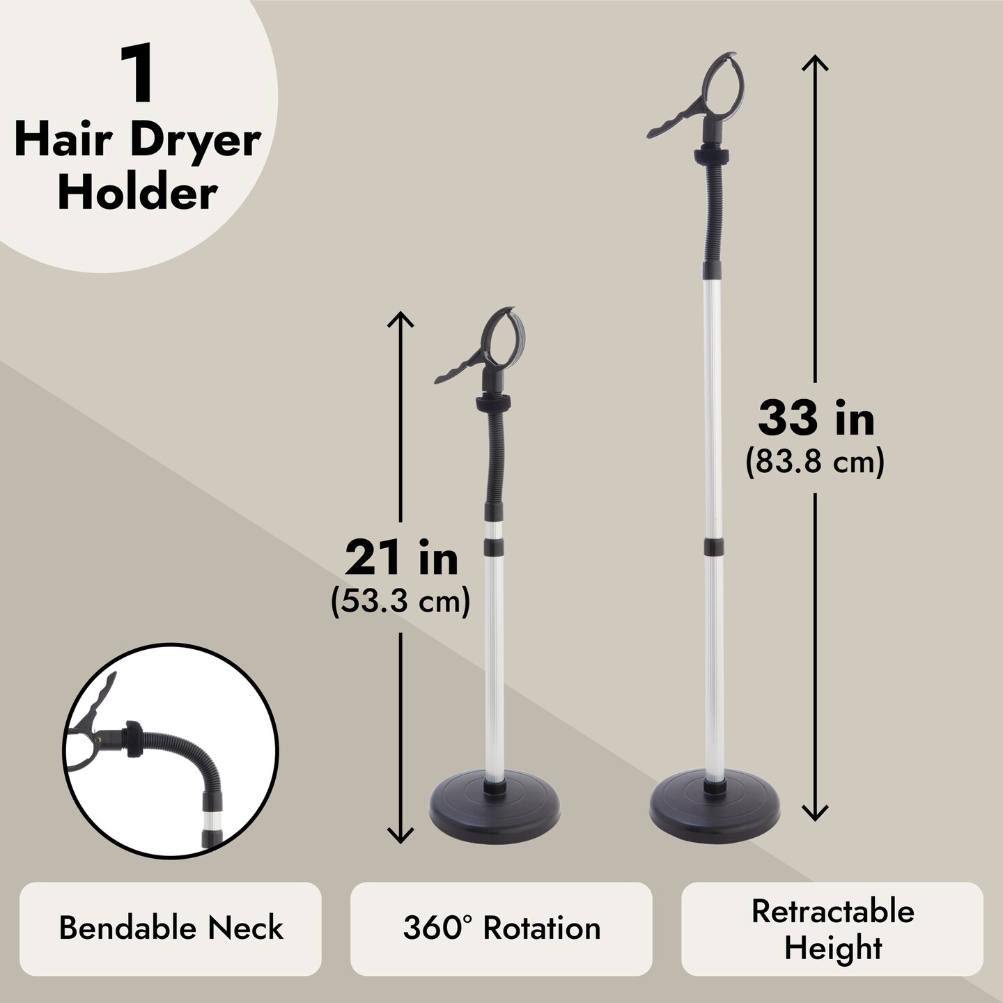 Adjustable Hands-Free Hair Dryer Stand Holder 360 Degree Rotation, Compatible with Compact Styling Tools