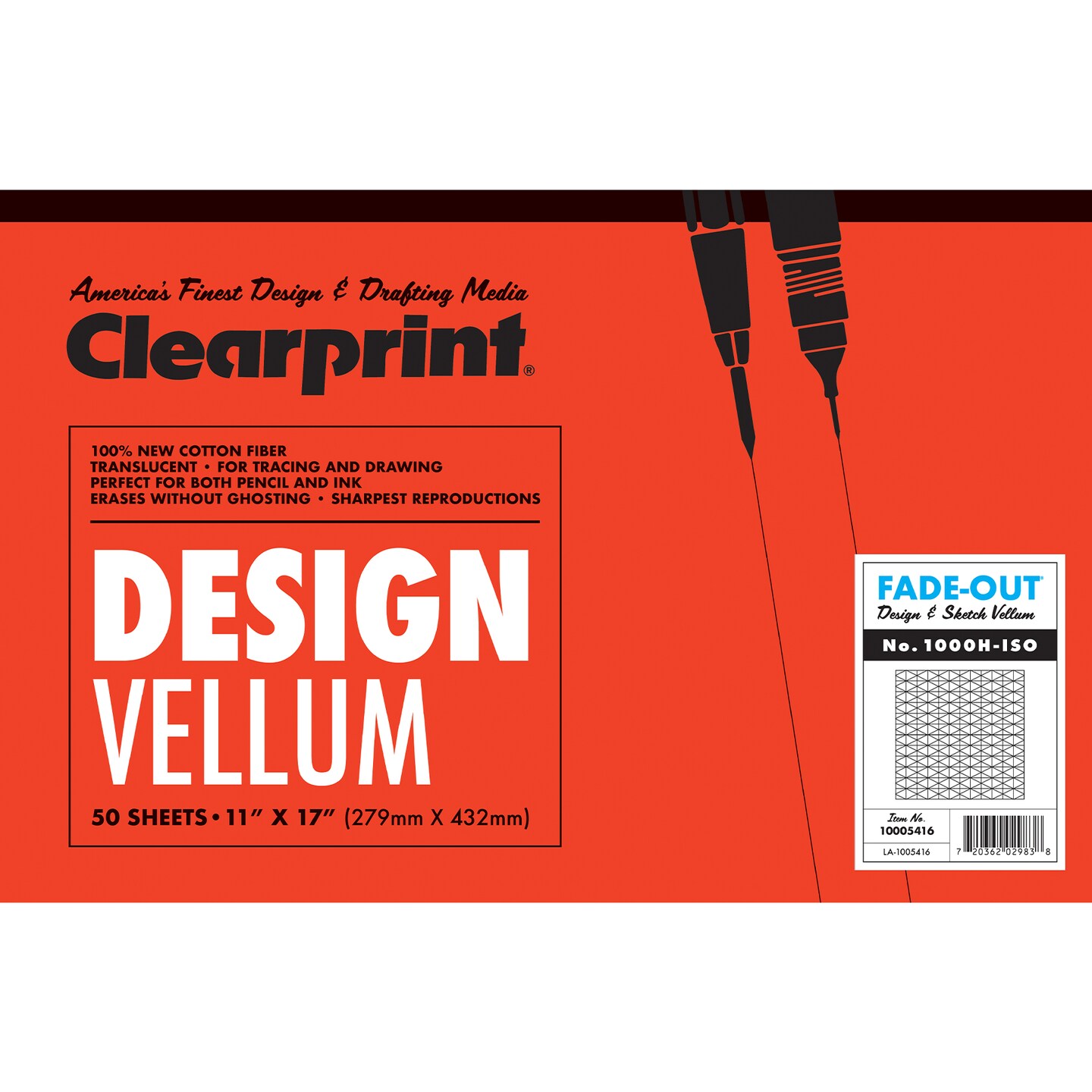 Clearprint 1000H 11" x 17" Design Vellum Pad with 30-Degree Isometric Fade-Out Grid, 16 lb., 100% Cotton, 50 Sheets/Pad