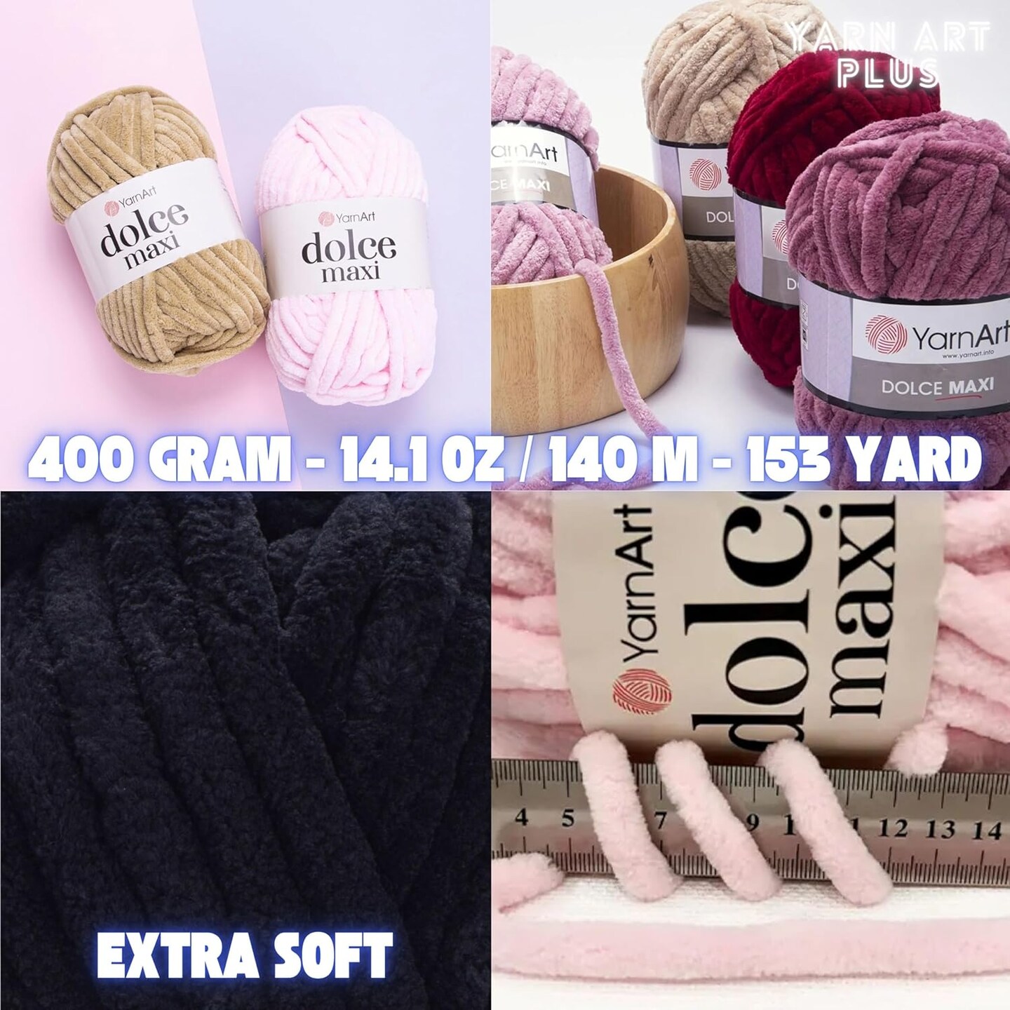 2 Skein Yarn Art Dolce Maxi, Premium Velvet Yarn, Super Soft Bulky 6 Fluffy Bulky for Knitting Crocheting Crafting Blanket Amigurumi Soft Velvet Baby Shedding 400gr, 152 Yards (Black)