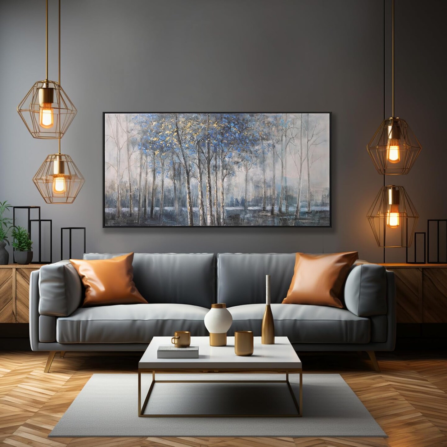 Framed Nature Canvas Wall Art – Misty Forest, Blue & Grey Abstract Trees for Living Room, Bedroom, Apartment Decor