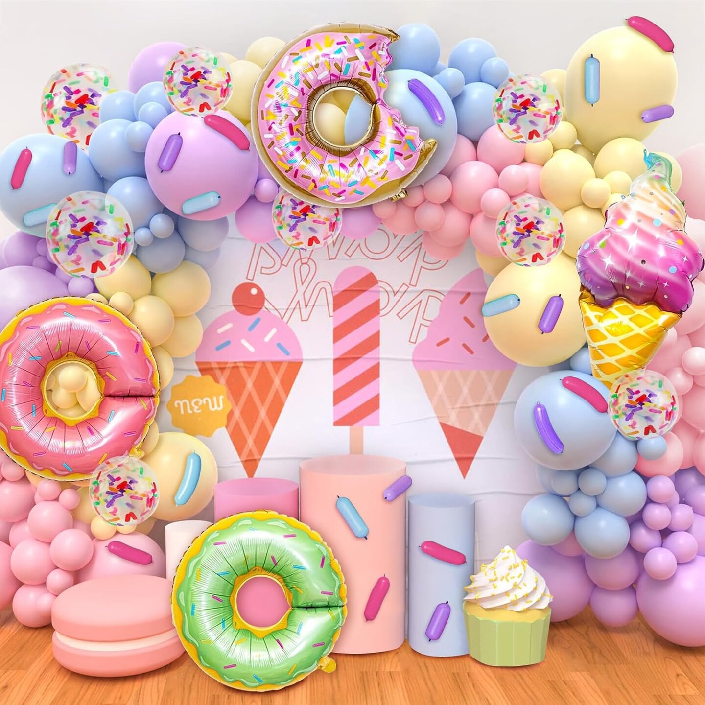 163PCS Pastel Donut Balloon Arch Garland Kit, with Pastel Rainbow Balloon, Sprinkle Confetti and Ice Cream Foil Balloons for Sweet One Donut Grow Up First Birthday Party Theme Baby Shower Decor