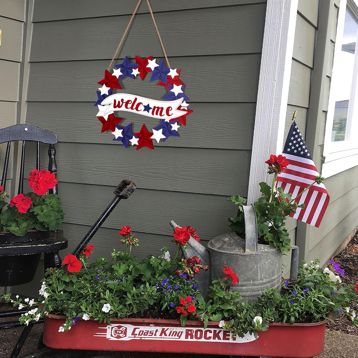 4th/Fourth of July Decorations Welcome Wreath for Front Door - Wooden Red White and Blue Star Sign, Patriotic Memorial Day Porch Home Wall Outside Decor